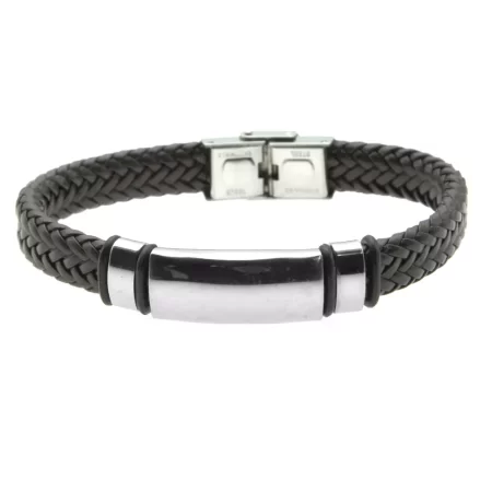 bracciale con incisione pelle intrecciata marrone piastra acciaio bcc0448