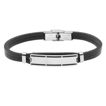 bracciale incisione pelle nera uomo piastra in acciaio bcc0456