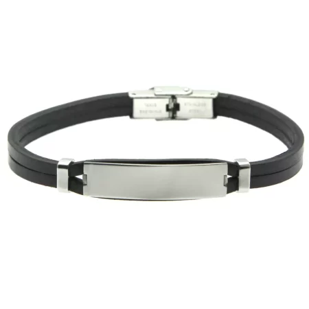 bracciale con scritta personalizzata pelle nera e acciaio bcc0458