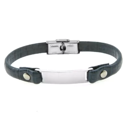 bracciale uomo con incisione pelle blu piastra in acciaio bcc0463
