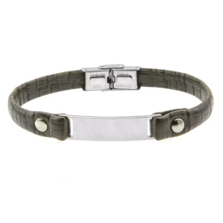 bracciale con incisione pelle marrone uomo piastra in acciaio bcc0464