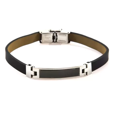 bracciale uomo da incidere pelle nera e piastra acciaio bcc0709
