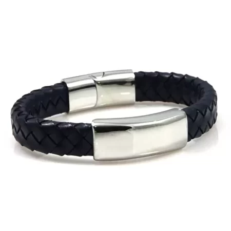 bracciale uomo con incisione personalizzata pelle blu con piastra bcc1482