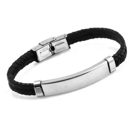 bracciale con incisione uomo pelle intrecciata piastra acciaio bcc1690