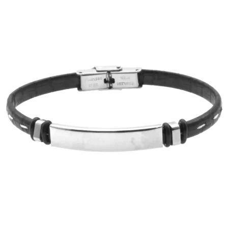 bracciale con incisione uomo pelle nera piastra acciaio bcc2074