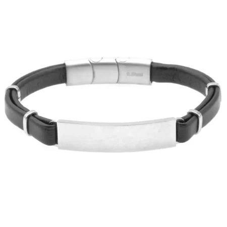 bracciale con incisione personalizzata pelle nera piastra acciaio bcc2088