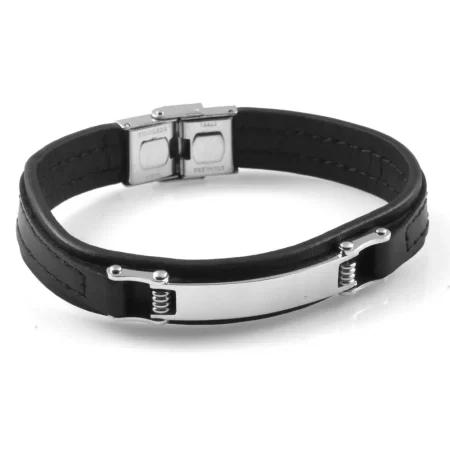 bracciale incisione uomo pelle nera piastra acciaio bcc2301