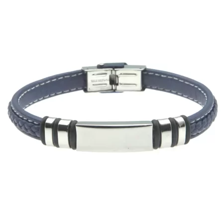 bracciale uomo personalizzato pelle blu e piastra acciaio bcc2326