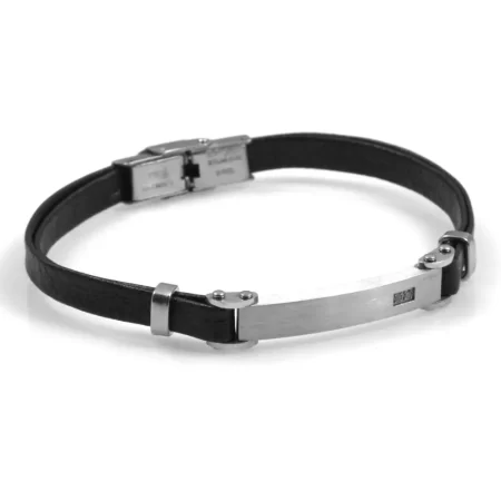 bracciale cuoio personalizzatonero uomo e piastra acciaio bcc2333