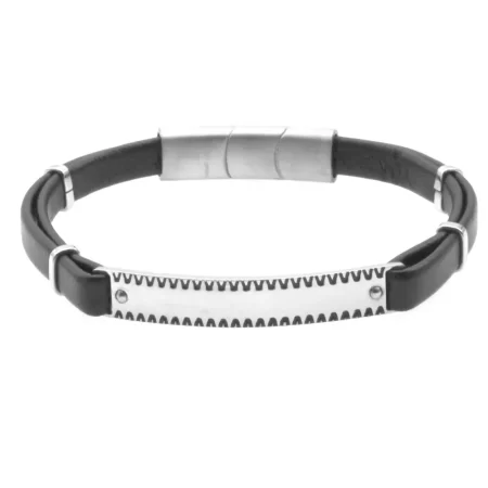 bracciale uomo personalizzabile pelle nera e piastra acciaio bcc2337