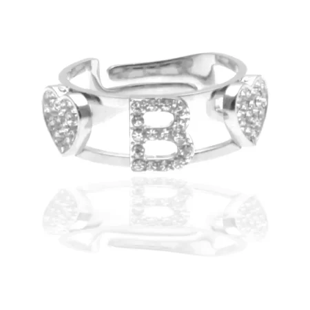 anello con lettera b in acciaio e strass all0073
