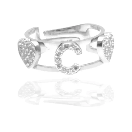 Anello con iniziale c in acciaio e strass all0074