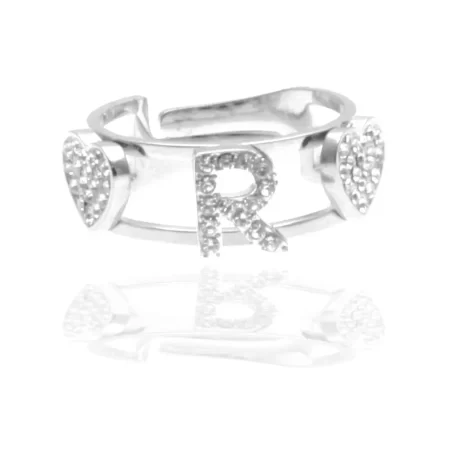 Anello con iniziale r in acciaio e strass all0084