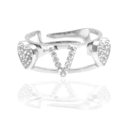 Anello con iniziale v in acciaio e strass all0087