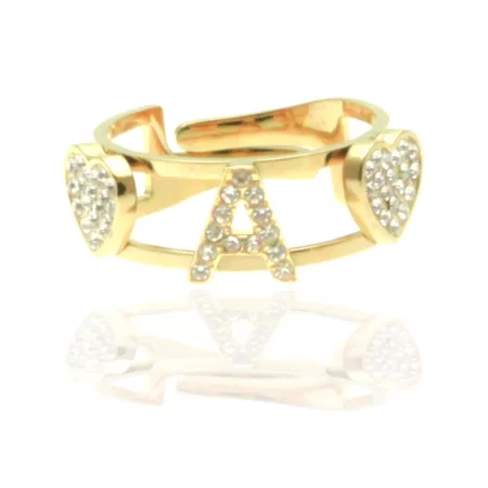 Anello con lettera a in acciaio dorato e strass all0088