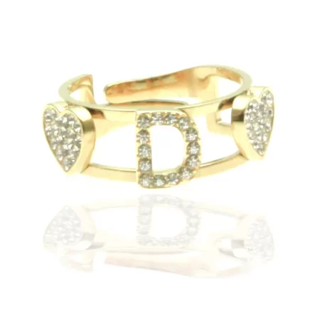 Anello con lettera d in acciaio dorato e strass all0091