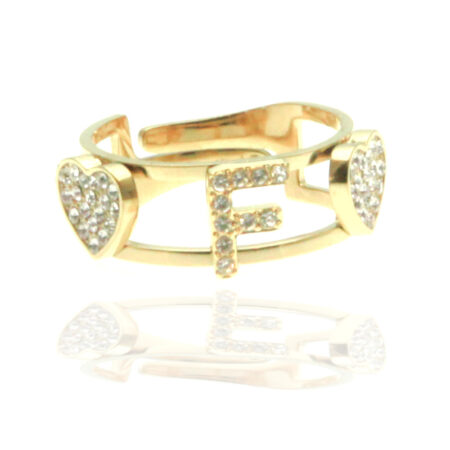 Anello con lettera f in acciaio dorato e strass all0093