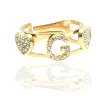 Anello con lettera g in acciaio dorato e strass all0094