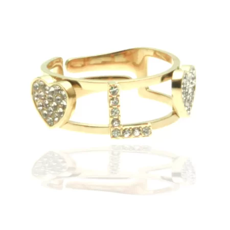 Anello con lettera l in acciaio dorato e strass all0096