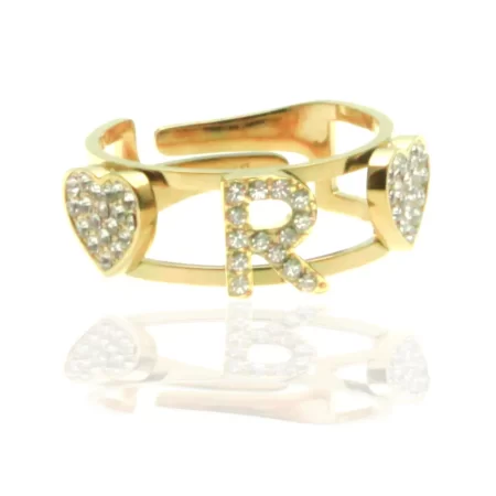 Anello con lettera r in acciaio dorato e strass all0100