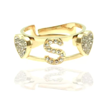 Anello con lettera s in acciaio dorato e strass all0101