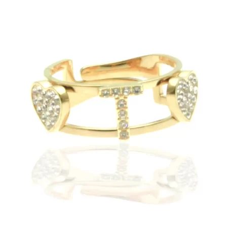 Anello con lettera t in acciaio dorato e strass all0102